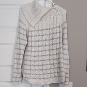 Women's Cream and Gray Sweater with Button Detail